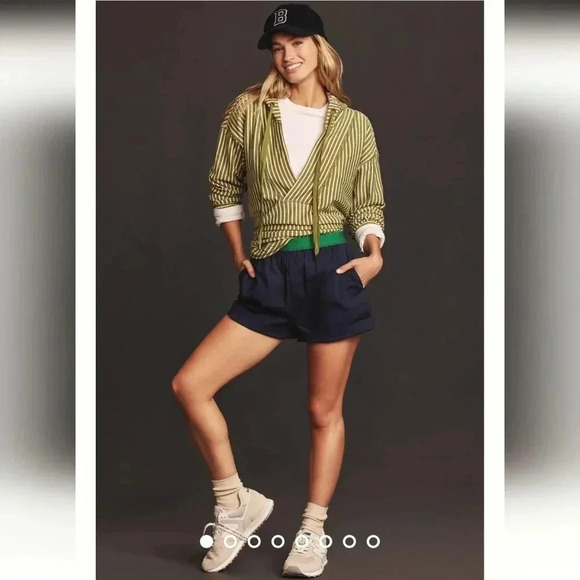 Anthropologie Pilcro Wharfside V Neck Hooded Sweatshirt Green White Stripe Small - Picture 16 of 16